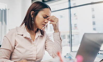 Image showing Corporate, laptop and woman with burnout, headache and fatigue with a deadline, tired and stress. Person, worker and employee with a pc, migraine and mental health with pain, frustrated and anxiety