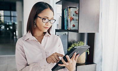 Image showing Woman in office with glasses, tablet and reading email, HR schedule and online report feedback. Internet website, networking and communication on digital app, businesswoman at human resources agency.