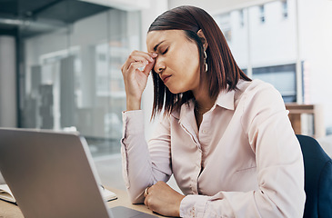 Image showing Business, laptop and woman with pain, headache and frustrated with crisis, anxiety and stress. Person, entrepreneur or employee with a pc, migraine and mental health with tension, fatigue and burnout