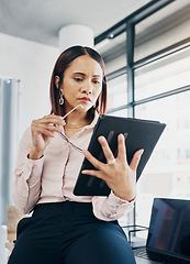 Image showing Woman in workplace with tablet, thinking and reading review online, HR schedule or email for feedback. Research, networking and communication on digital app, businesswoman at human resources agency.