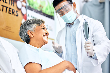 Image showing Dentist in mask, patient with smile and mirror for healthcare, cleaning and hygiene for teeth. Happy woman in chair, dental care technician and safety in surgery on mouth, professional doctors office