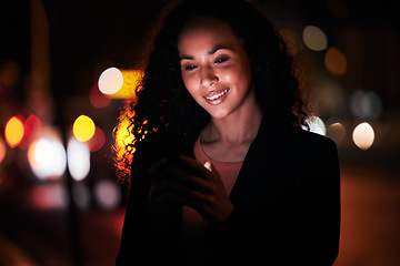 Image showing Phone, city night and professional happy woman typing, search website or texting online business contact. Urban light, smartphone and person research mobile information, application or reading email