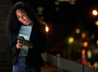 Image showing Phone, rooftop and professional woman typing internet search, scroll on website or contact social media user. City mockup space, cellphone and night person check mobile app, feedback or reading email