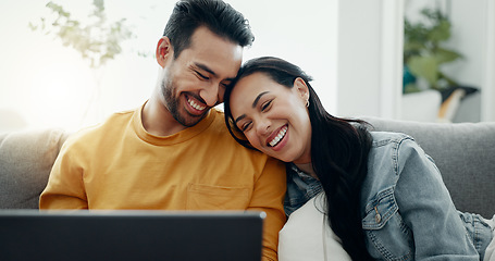 Image showing Happy couple, laptop and relax in home for love, watch comedy movies or scroll website for online shopping. Man, woman and laugh for funny joke on computer, social media subscription and meme on sofa