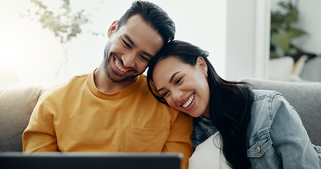 Image showing Happy couple, laptop and relax in home for love, watch comedy movies or scroll website for online shopping. Man, woman and laugh for funny joke on computer, social media subscription and meme on sofa