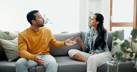 Image showing Couple, fight and conflict on sofa for divorce, argument and moody breakup at home. Angry man, woman and communication for cheating, crisis or frustrated with partner for drama, blame or disagreement