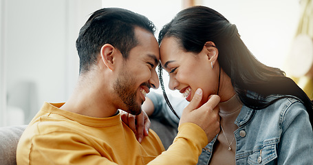 Image showing Couple, forehead touch and relax on sofa with love, bonding and happy people together at home. Healthy relationship, trust and support in commitment, partner and marriage, romance and intimacy