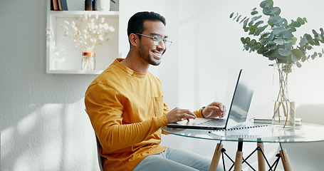 Image showing Remote work, laptop and happy business man typing for online project, planning and internet website. Working from home, small business and person on computer for networking, research and proposal