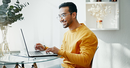 Image showing Remote work, laptop and happy business man typing for online project, planning and internet website. Working from home, small business and person on computer for networking, research and proposal