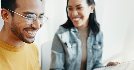 Image showing Payment, finance and couple with documents for budget, online banking and savings for insurance. Fintech, planning and happy man and woman with bills on computer for mortgage, taxes and investment