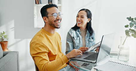 Image showing Happy, finance and couple with documents on laptop for budget, online banking and insurance payment. Fintech, planning and man and woman with bills on computer for mortgage, taxes and investment