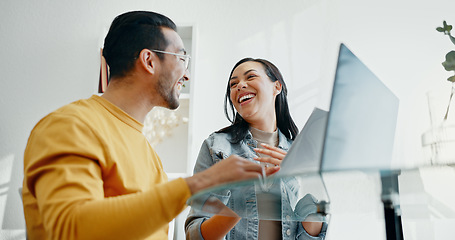 Image showing Laptop, finance and couple with documents for budget, online banking and payment for insurance. Fintech, relationship and happy man and woman with bills on computer for mortgage, taxes and investment