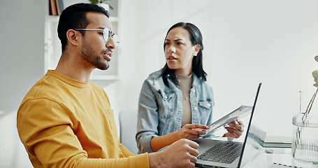 Image showing Finance, stress and couple in argument in planning a budget, investment with money or banking online in home. People, fight and talk about tax, documents or financial anxiety from mortgage or bills