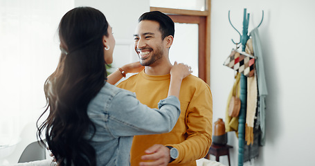 Image showing Couple, happy and hug in home lounge with a smile, security and love in healthy relationship. Young man and woman together in an apartment for affection, forehead touch and communication with care