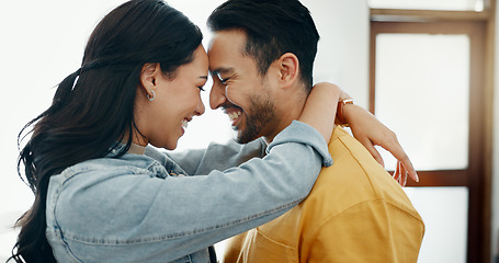 Image showing Couple, forehead touch and hug in living room with love, bonding and happy people together at home. Healthy relationship, trust and support in commitment, partner and dancing, romance and intimacy