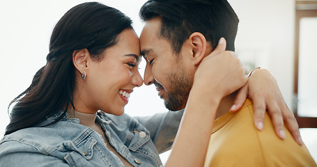 Image showing Couple, forehead touch and hug in living room with love, bonding and happy people together at home. Healthy relationship, trust and support in commitment, partner and dancing, romance and intimacy