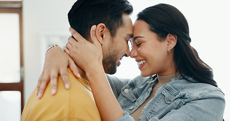 Image showing Couple, forehead touch and hug in living room with love, bonding and happy people together at home. Healthy relationship, trust and support in commitment, partner and dancing, romance and intimacy