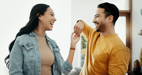 Image showing Couple, dancing in living room and love, bonding and happy people together at home. Healthy relationship, trust and support in commitment, partner and marriage, romance and intimacy with laughter