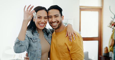 Image showing Love, keys and excited with couple in new house for moving, real estate and investment. Property, happy and future with portrait of man and woman at home for opportunity, success or marriage together