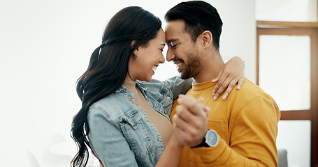 Image showing Couple, forehead touch and hug in living room with love, bonding and happy people together at home. Healthy relationship, trust and support in commitment, partner and dancing, romance and intimacy