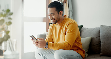 Image showing Man hands, phone texting and home with social media post, networking and online on a sofa. Mobile app, message and typing on a living room couch with digital entertainment and smile on tech in house