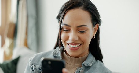 Image showing Woman, smile and typing on smartphone in home, reading social media joke and chat notification of multimedia connection. Cellphone, laugh and search funny meme, download digital app and mobile games