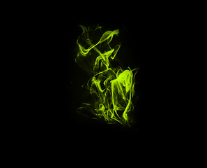Image showing Green flame, black background and smoke, fire and incense with mockup space and art. Creative abstract, light and mist with special effect, burning and dark in a studio, glow and texture with spark