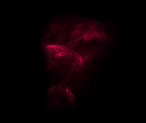 Image showing Smoke, studio and fog with vapor, incense and creative art with red illusion and swirl. Colorful, neon puff and black background isolated with steam effect, cloud and magic mist of aura in the air