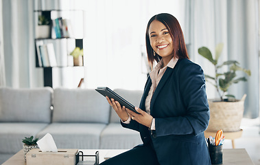 Image showing Smile, tablet and portrait of businesswoman in office with positive, good and confident attitude. Happy, creative career and young female designer from Colombia with technology in a modern workplace.