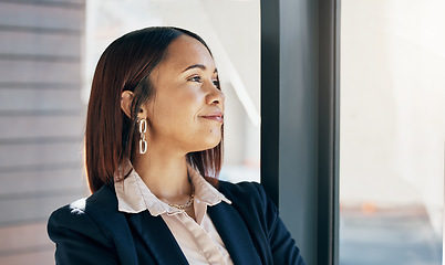 Image showing Smile, thinking and business woman in office, planning or problem solving in company. Future vision, idea and happy professional decision making, brainstorming solution and inspiration of strategy