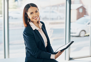 Image showing Portrait, happy woman in office and tablet for email, HR schedule or online recruitment website. Internet, networking and communication on digital app, businesswoman smile at human resources agency