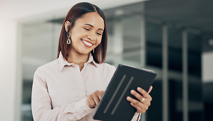 Image showing Happy businesswoman in office with, tablet and scroll on email, HR schedule or online for feedback. Internet, networking and communication on digital app, woman with smile at human resources agency.