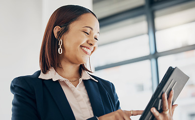 Image showing Woman in office with smile, tablet and scroll on email, schedule or report online for feedback. Internet, networking and communication on digital app, happy businesswoman at human resources agency.