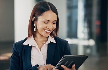 Image showing Businesswoman in office with smile, tablet and reading email, HR schedule or report online for feedback. Internet, networking and communication on digital app, happy woman at human resources agency