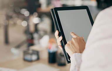 Image showing Screen, blank tablet and business woman hands for click, planning or scroll with mockup space in office. Entrepreneur, employee and digital touchscreen for data analysis, app or schedule in workplace