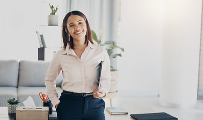 Image showing Happy, smile and portrait of businesswoman in the office with positive, good and confident attitude. Happiness, creative career and young female designer from Colombia standing in modern workplace.