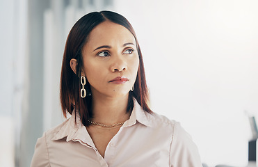 Image showing Serious, thinking and business woman in office, planning or problem solving in creative startup. Future vision, idea or professional decision making, brainstorming solution or inspiration of strategy