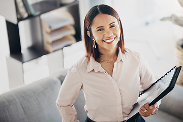 Image showing Happy, paperwork and portrait of businesswoman in office with positive, good and confident attitude. Smile, creative career and top view of female designer from Colombia standing in modern workplace.