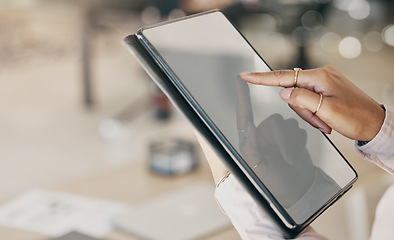 Image showing Hands, tablet and screen for business woman for click, planning or scroll with mockup space in office. Entrepreneur, employee and digital touchscreen for data analysis, app or schedule in workplace