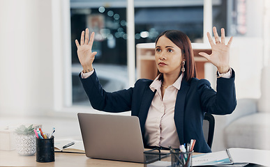 Image showing Hands, invisible screen and business woman in office with virtual, tech and futuristic hologram for ai or programming work Ux, innovation and entrepreneur in corporate workplace with cyber dashboard