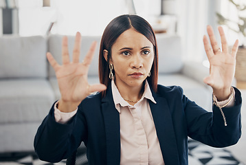 Image showing Invisible screen, hands and woman in office with virtual, tech and futuristic hologram for ai or programming work in business Cyber, ux and entrepreneur in corporate workplace with vr dashboard