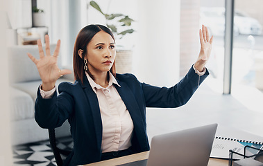 Image showing Invisible screen, hands and woman in office with virtual, tech and futuristic hologram for ai or programming work in business Cyber, ux and entrepreneur in corporate workplace with vr dashboard