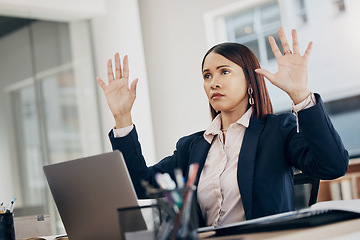 Image showing Office, invisible screen and hands of woman with vr, hologram and virtual tech for programming technology. Futuristic, ux and person coding with cyber dashboard or tech in corporate workplace