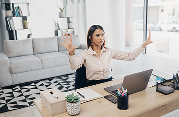 Image showing Digital, invisible screen and business woman in office with hands in hologram, virtual tech or ai programming technology. Futuristic, ux and entrepreneur with innovation in corporate workplace