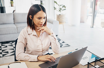 Image showing Web designer, laptop and business woman reading project proposal online in a office. Ux report, female professional and work on a computer with typing and tech job research for website SEO analysis