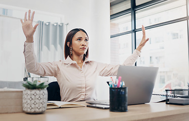 Image showing Office, invisible screen and hands of woman with vr, hologram and virtual tech for programming technology. Futuristic, ux and person coding with cyber dashboard or tech in corporate workplace