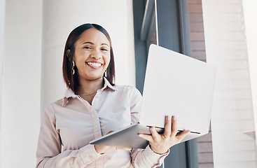 Image showing Portrait of happy woman in office with laptop, research or ideas for HR schedule and online feedback. Internet, networking or website search, businesswoman with smile at human resources agency