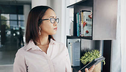 Image showing Woman in office with glasses, tablet and thinking of email, HR schedule and online report feedback. Internet, networking and communication on digital app, businesswoman at human resources agency