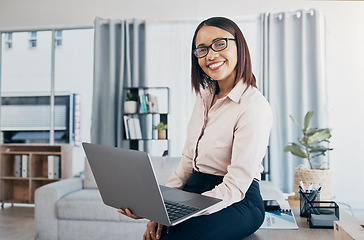 Image showing Portrait of woman in office with smile, laptop and reading email, HR schedule or online for feedback. Internet, networking and communication on website, happy employee at human resources agency.