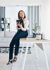 Image showing Woman thinking in modern office with tablet, ideas or email, HR schedule and online report feedback. Research, problem solving or communication on digital app, businesswoman at human resources agency